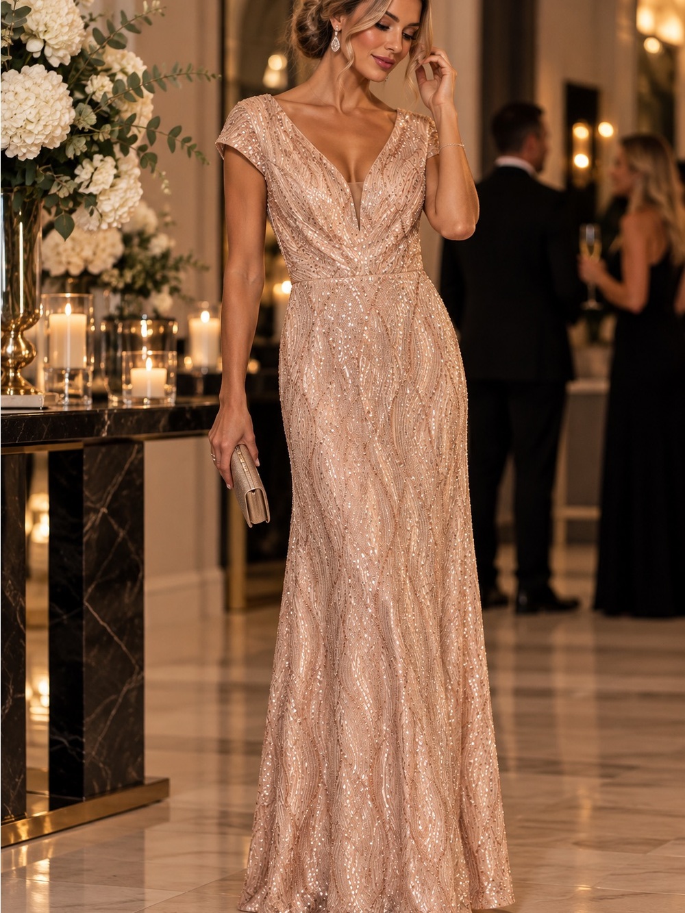 XUIBOL Rose Gold Sequin Evening Gown Size Large